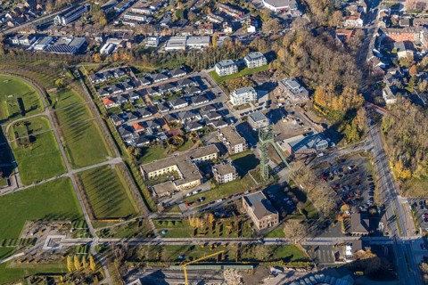 Aerial photo, winding tower Osterfeld colliery, new building, residential complex for senior
