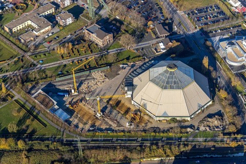 Aerial view, construction site renovation garden dome, Osterfeld, Oberhausen, Ruhr area, North