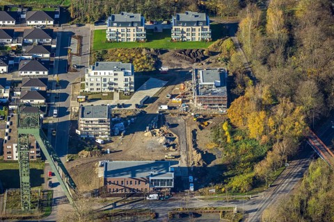 Aerial view, winding tower Osterfeld colliery, new building, residential complex for senior