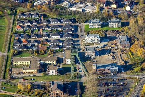 Aerial view, winding tower Osterfeld colliery, new building, residential complex for senior