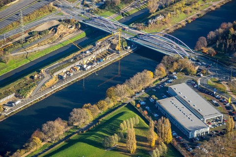 Aerial view, construction site between Rhine-Herne-Canal and Emscher, bridge Osterfelder Straße,
