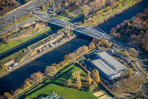 Aerial view, construction site between Rhine-Herne-Canal and Emscher, bridge Osterfelder Straße,