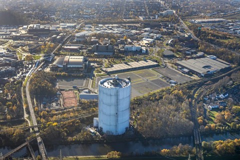 Aerial view, gasometer renovation measures, covered gasometer, König-Pilsener-ARENA, Buschhausen,