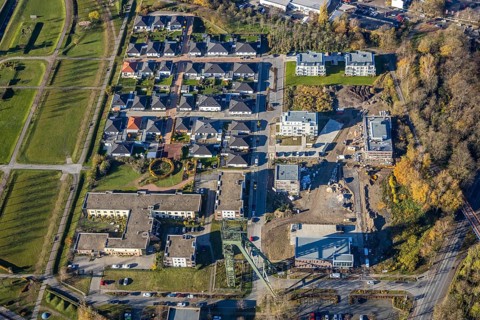 Aerial view, winding tower Osterfeld colliery, new building, residential complex for senior