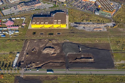 Aerial view, Landgard Cash & Carry, Hornbach Baumarkt, Poco Einrichtungsmarkt, construction site