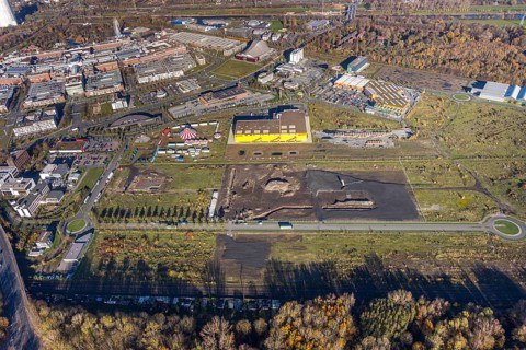 Aerial view, Landgard Cash & Carry, Hornbach Baumarkt, Poco Einrichtungsmarkt, construction site