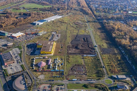 Aerial view, Landgard Cash & Carry, Hornbach Baumarkt, Poco Einrichtungsmarkt, construction site