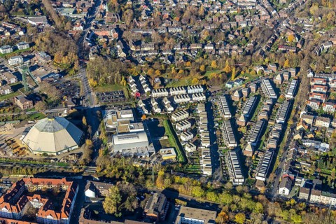 Aerial view, residential area Auf der Höchte, Höchtebögen, Berufsförderungswerk der Bauindustrie