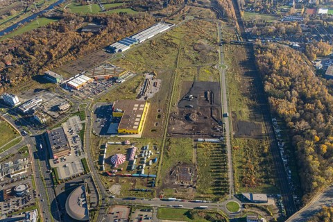 Aerial view, Landgard Cash & Carry, Hornbach Baumarkt, Poco Einrichtungsmarkt, construction site