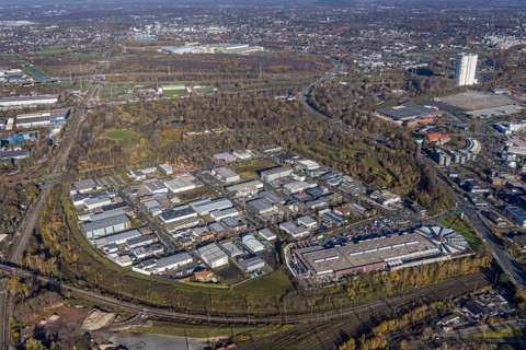 Aerial view, commercial area Am Kaisergarten, Max-Planck-Ring, Marienviertel, Oberhausen, Ruhr