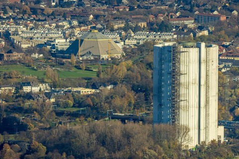 Aerial view, gasometer renovation, covered gasometer, CentrO Ferris wheel, Buschhausen, Oberhausen,