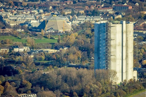 Aerial view, gasometer renovation, covered gasometer, CentrO Ferris wheel, Buschhausen, Oberhausen,