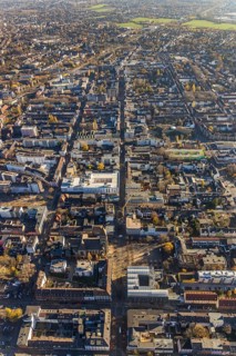 Aerial view, Catholic Church at Altmarkt, Altmarkt, city centre, Oberhausen, Ruhr area, North