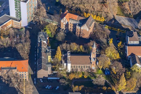 Aerial view, ChristusKirche, Hans-Böckler-Berufskolleg, city centre, Oberhausen, Ruhr area, North