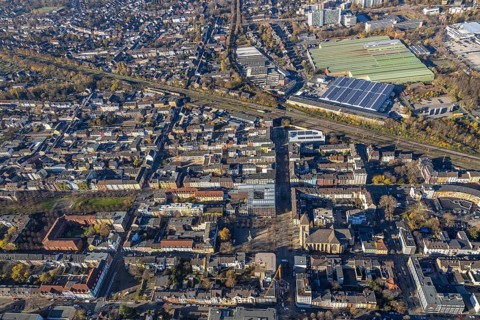 Aerial view, Catholic Church at Altmarkt, Altmarkt, city centre, Oberhausen, Ruhr area, North