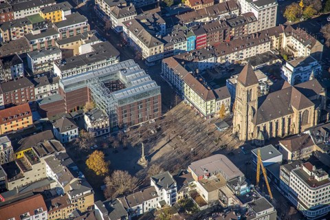 Aerial view, Catholic Church at Altmarkt, Altmarkt, city centre, Oberhausen, Ruhr area, North