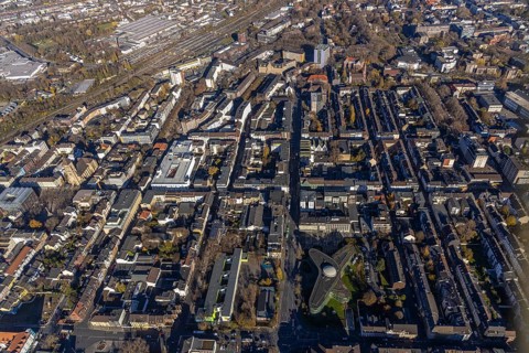 Aerial view, Oberhausen main station, city centre view, Oberhausen, Ruhr area, North
