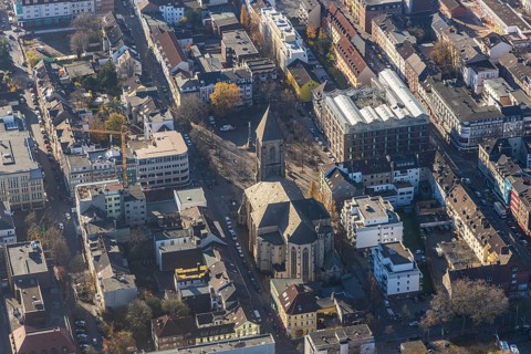 Aerial view, Catholic Church at Altmarkt, Altmarkt, city centre, Oberhausen, Ruhr area, North