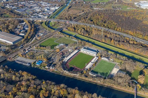Aerial view, stadium SC Rot-Weiß Oberhausen, river Emscher, Rhine-Herne-Canal, Buschhausen,