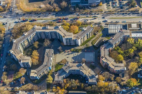 Aerial view, City-West new home, high-rise buildings Bebelstraße, Oberhausen, Ruhr area, North