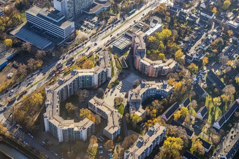 Aerial view, City-West new home, high-rise buildings Bebelstraße, Oberhausen, Ruhr area, North