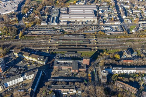 Aerial view, Oberhausen Hbf, city centre, Oberhausen, Ruhr area, North Rhine-Westphalia, Germany,