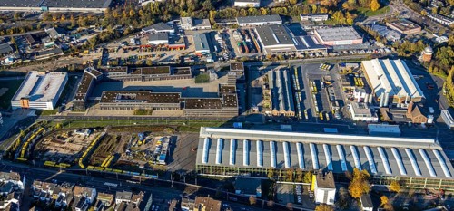 Aerial view, Depot Ruhrbahn GmbH, Alte Dreherei, fire brigade, Broich - Ost, Mülheim an der Ruhr,