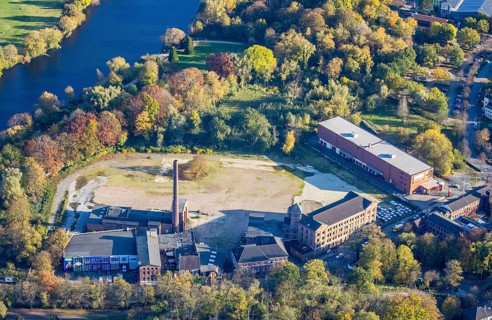 Aerial view, construction area former leather factory Lindgens am Kassenberg, Saarn, Mülheim an der