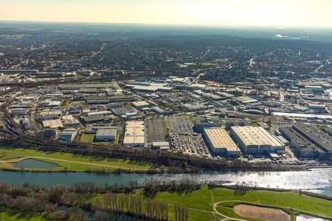 Aerial view, industrial area Broich Castle and Gerwegegebiet Hafen Nord, Linksruhr, Mülheim an der