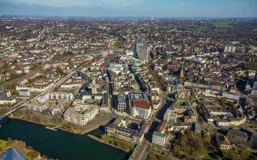 Aerial view, Ruhr, Ruhrbania, StadtQuartier Schlossstraße, Stadthafen Mülheim Ruhrbahnia, Altstadt