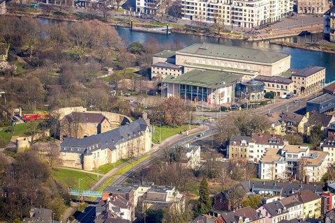 Aerial photo, castle Broich, town hall Mülheim, left Ruhr, Mülheim an der Ruhr, Ruhr area, North