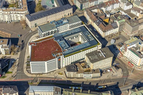 Aerial view, Ruhrbania in the city centre of Mülheim, Ruhr, Ruhr valley, town hall,