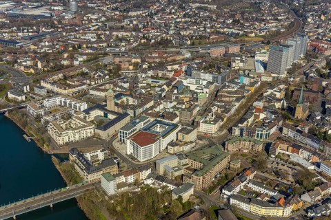 Aerial view, Ruhrbania in the city centre of Mülheim, Ruhr, bridge over the river Ruhe, Protestant