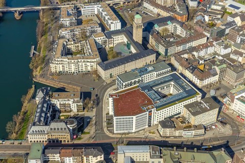 Aerial view, Ruhrbania in the city centre of Mülheim, Ruhr, Ruhr valley, town hall,