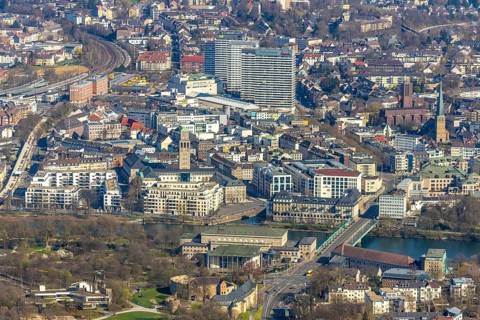 Aerial view, Ruhrbania in the city centre of Mülheim, Ruhr, Ruhr valley, town hall,