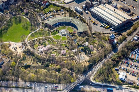 Aerial view, Park at Broich Castle, Alter Ringlokschuppen, cultural centre, playgrounds, Linksruhr,