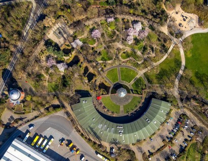 Aerial view, Park at Broich Castle, Alter Ringlokschuppen, cultural centre, playgrounds, Linksruhr,