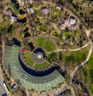 Aerial view, Park at Broich Castle, Alter Ringlokschuppen, cultural centre, playgrounds, Linksruhr,