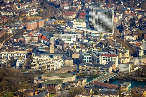 Aerial view, Ruhrbania in the city centre of Mülheim, Ruhr, Ruhr valley, town hall,