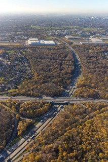 Aerial view, motorway junction Oberhausen, motorway A3, federal road B516, forest area in autumn