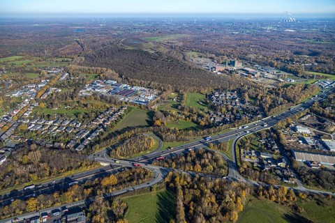 Aerial view, industrial estate Im Venn, Sterkrader Venn, motorway A2 junction