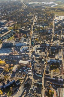 Aerial view, catholic church St. Clemens, Großer Markt, market stalls, construction project
