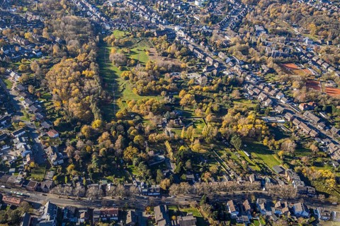 Aerial view, Park Kirchhellener Straße, Dietrich-Bonhoeffer-Haus, Tackenberg West, Oberhausen, Ruhr