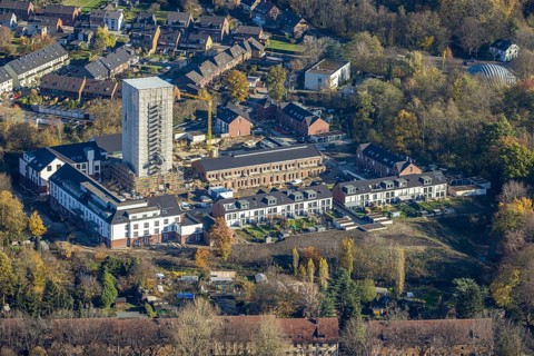 Aerial view, construction site, housing estate Am Schacht IV, Klosterhardt, Oberhausen, Ruhr area,