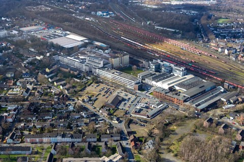 Aerial view, Quartier231 Businesspark, freight yard Oberhausen West, Oberhausen, Ruhr area, North