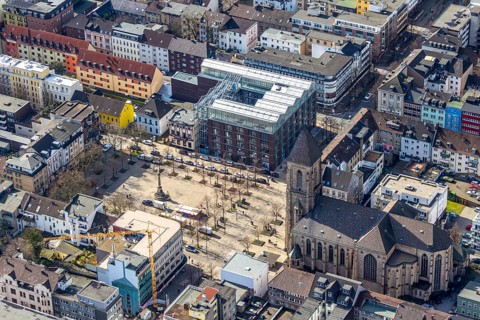 Aerial view, Altmarkt, Job Centre with rooftop greenhouse, Catholic Church at Altmarkt, Victory