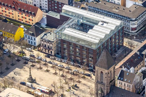 Aerial view, Altmarkt, job centre with roof greenhouse, victory column, Oberhausen, Ruhr area,