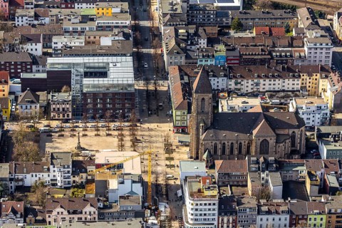 Aerial view, Altmarkt, Job Centre with rooftop greenhouse, Catholic Church at Altmarkt, Victory