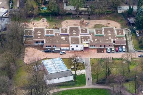 Aerial view, new building, municipal kindergarten Kindergarten Am Uhlandpark, Oberhausen, Ruhr