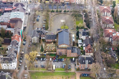 Aerial view, Ebertbad, Theater Oberhausen, Will-Quadflieg-Platz, Marienviertel, Oberhausen, Ruhr